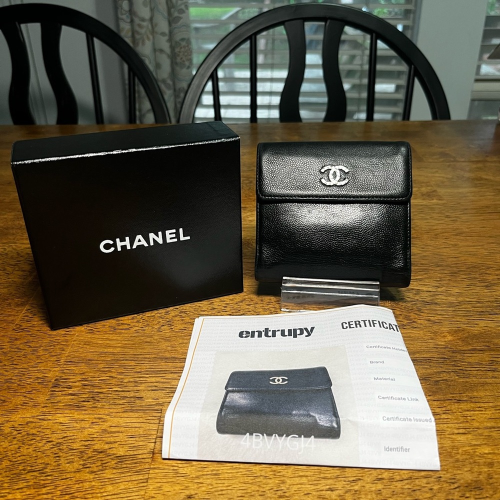CHANEL Black Leather Wallet with Silver CC Emblem